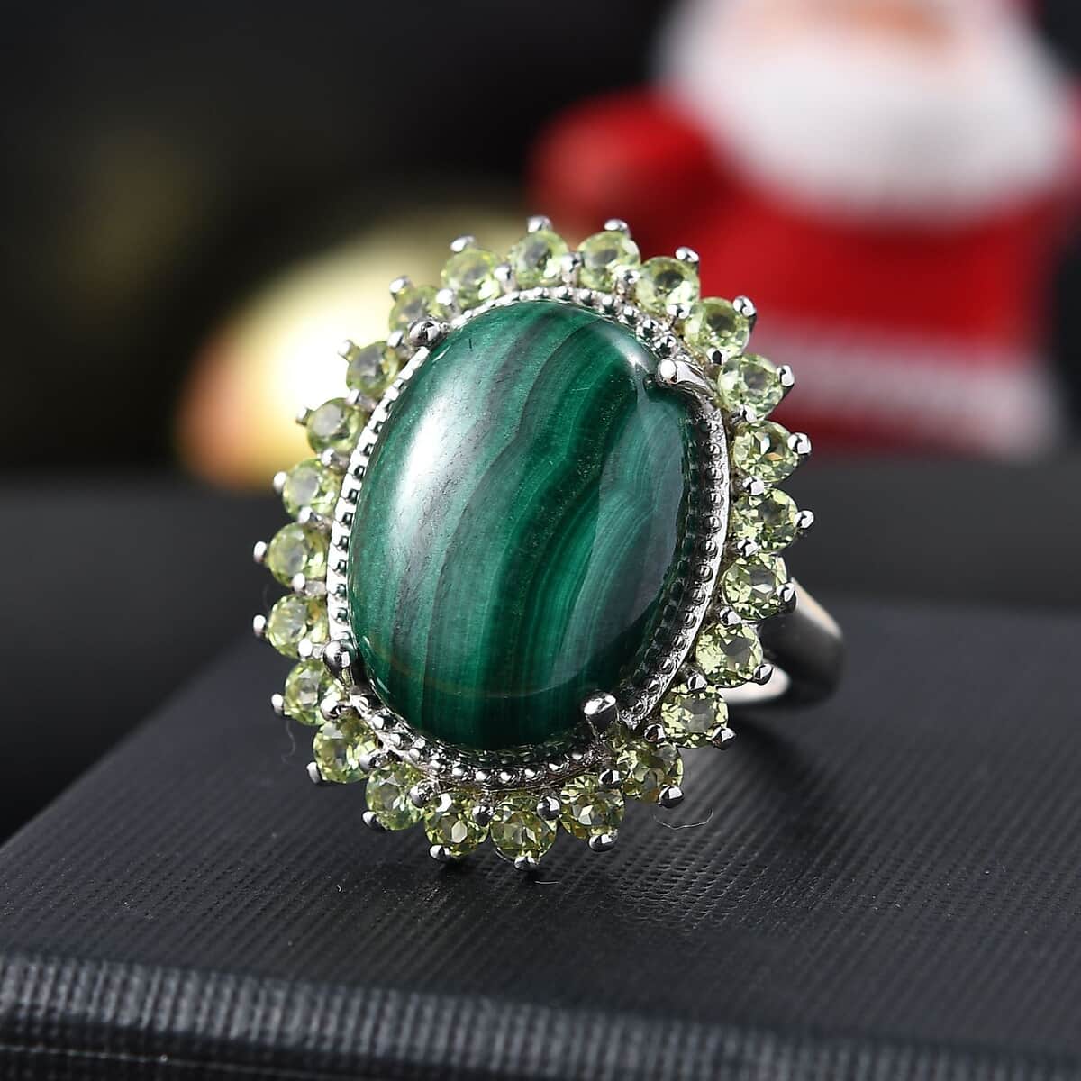 Karis African Malachite, Peridot Halo Ring in Platinum Bond (Size 10.0) 16.30 ctw image number 1