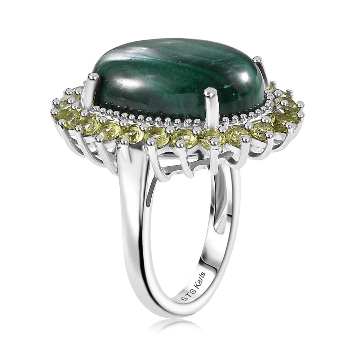 Karis African Malachite, Peridot Halo Ring in Platinum Bond (Size 10.0) 16.30 ctw image number 2