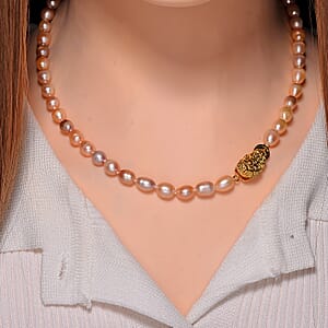 Multi Color Freshwater Pearl Necklace with Pixiu Charm in Goldtone 18 Inches