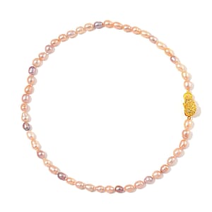 Multi Color Freshwater Pearl Necklace with Pixiu Charm in Goldtone 18 Inches
