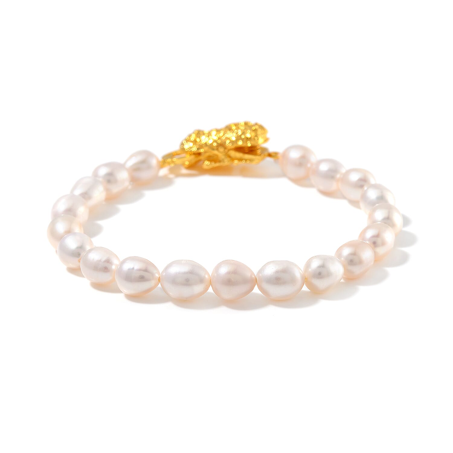 White Freshwater Pearl Bracelet with Pixiu Charm in Goldtone (6.50 In)