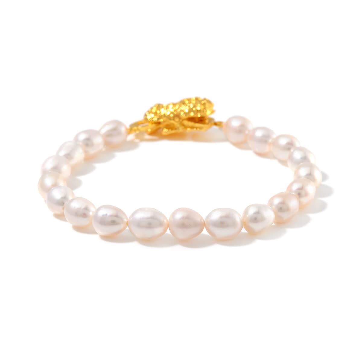 White Freshwater Pearl Bracelet with Pixiu Charm in Goldtone (6.50 In) image number 2