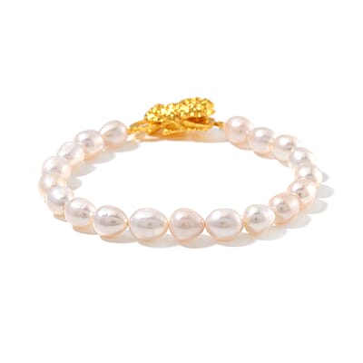 White Freshwater Pearl Bracelet with Pixiu Charm in Goldtone (6.50 In)
