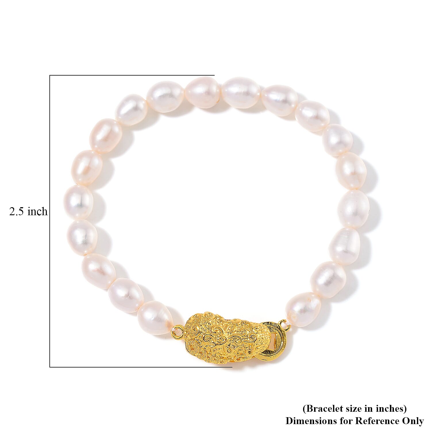 White Freshwater Pearl Bracelet with Pixiu Charm in Goldtone (6.50 In)
