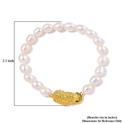 White Freshwater Pearl Bracelet with Pixiu Charm in Goldtone (6.50 In)