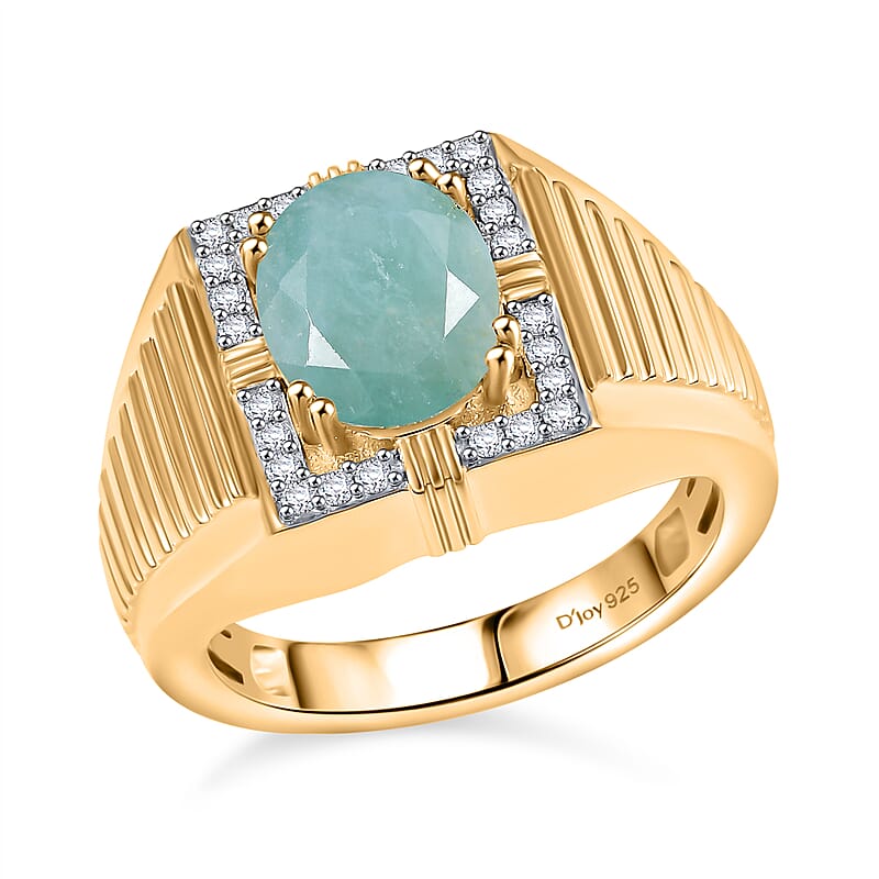 D'Joy Grandidierite and Moissanite 3.00 ctw Men's Ring in 18K Vermeil Yellow Gold Over Sterling Silver (Size 10.0)