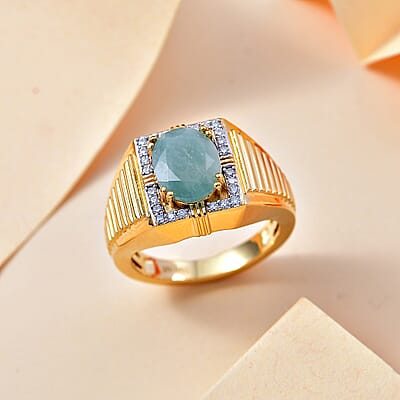 D'Joy Grandidierite and Moissanite 3.00 ctw Men's Ring in 18K Vermeil Yellow Gold Over Sterling Silver (Size 10.0)