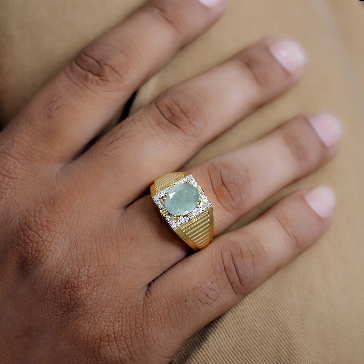 D'Joy Grandidierite and Moissanite 3.00 ctw Men's Ring in 18K Vermeil Yellow Gold Over Sterling Silver (Size 10.0)