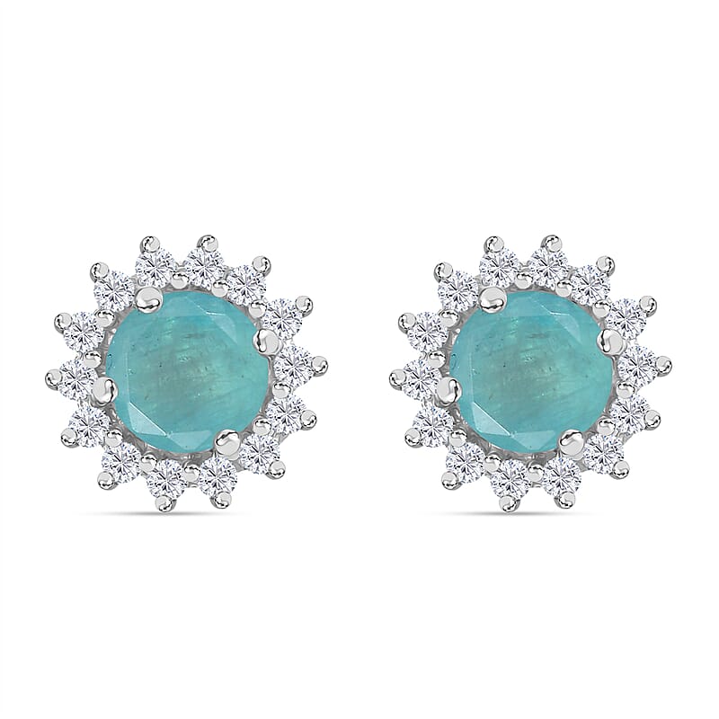 D'Joy Grandidierite and White Zircon 1.50 ctw Sunburst Earrings in Rhodium Over Sterling Silver