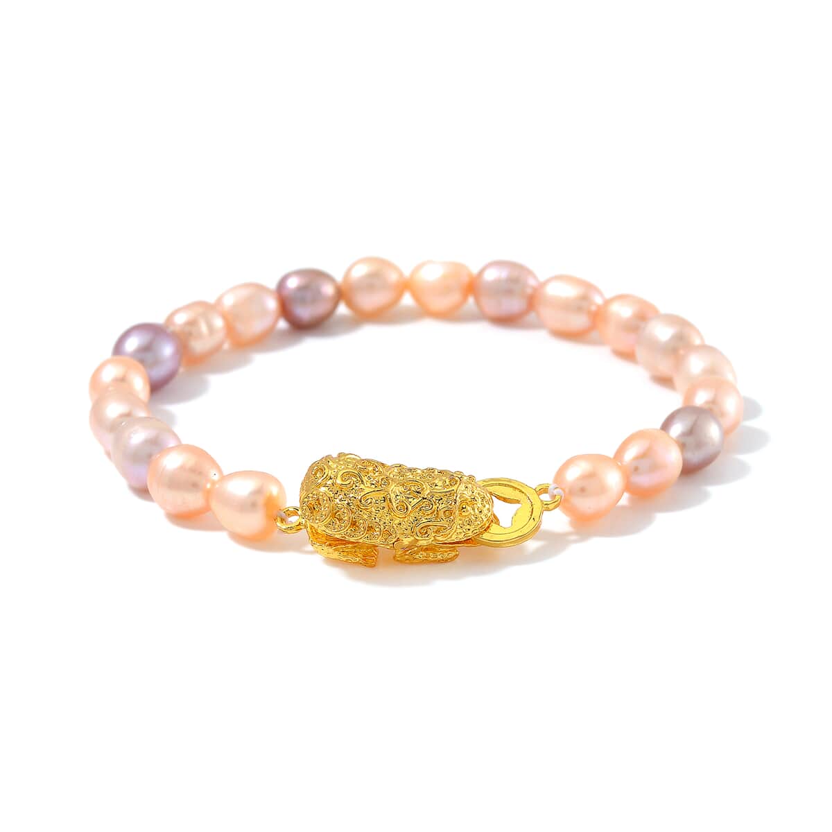 Multi Color Freshwater Pearl Bracelet with Pixiu Charm in Goldtone (6.50 In) image number 0