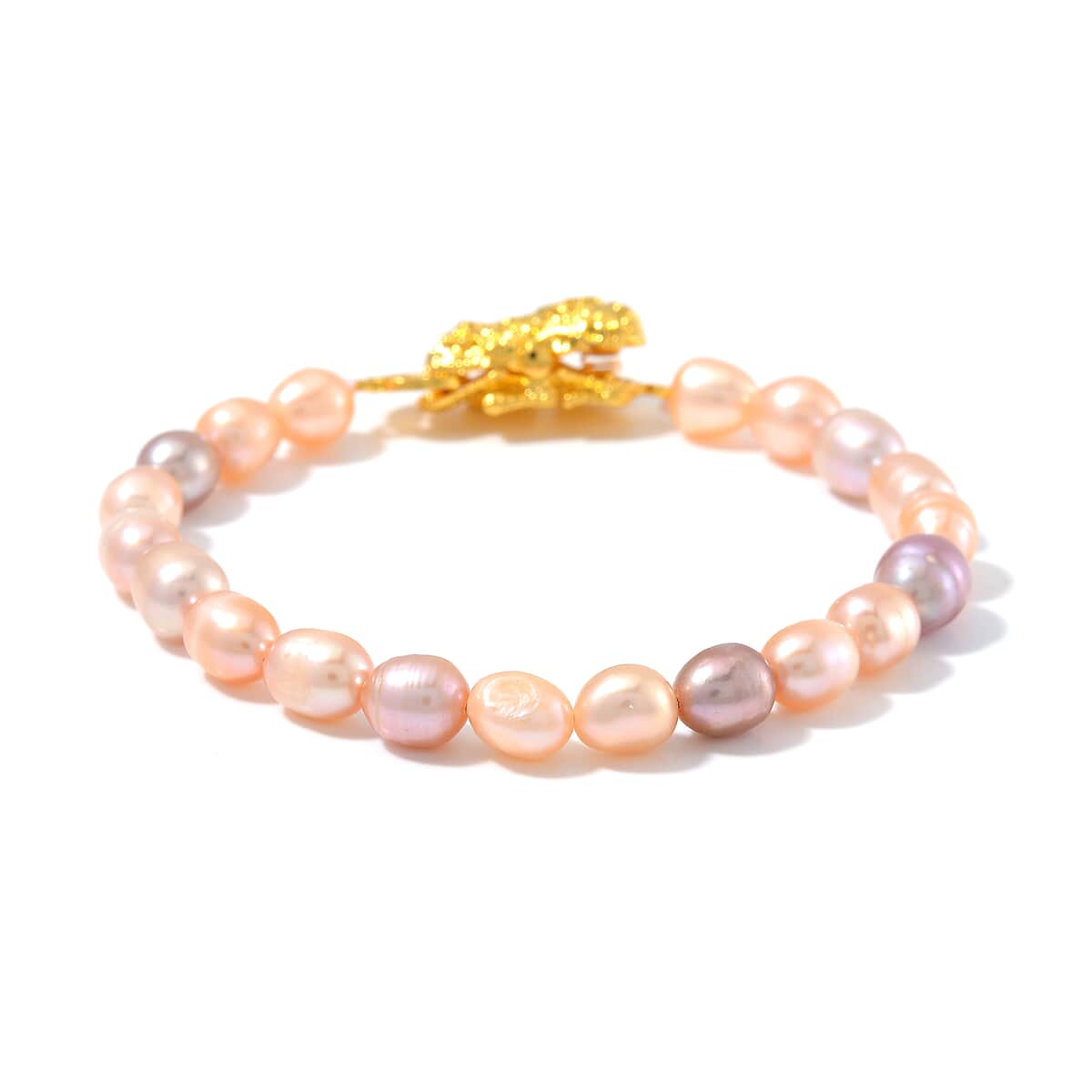 Multi Color Freshwater Pearl Bracelet with Pixiu Charm in Goldtone (6.50 In) image number 2