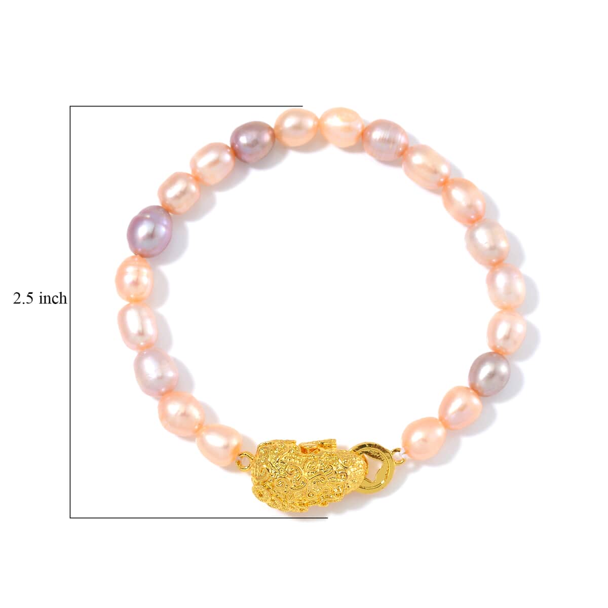 Multi Color Freshwater Pearl Bracelet with Pixiu Charm in Goldtone (6.50 In) image number 4