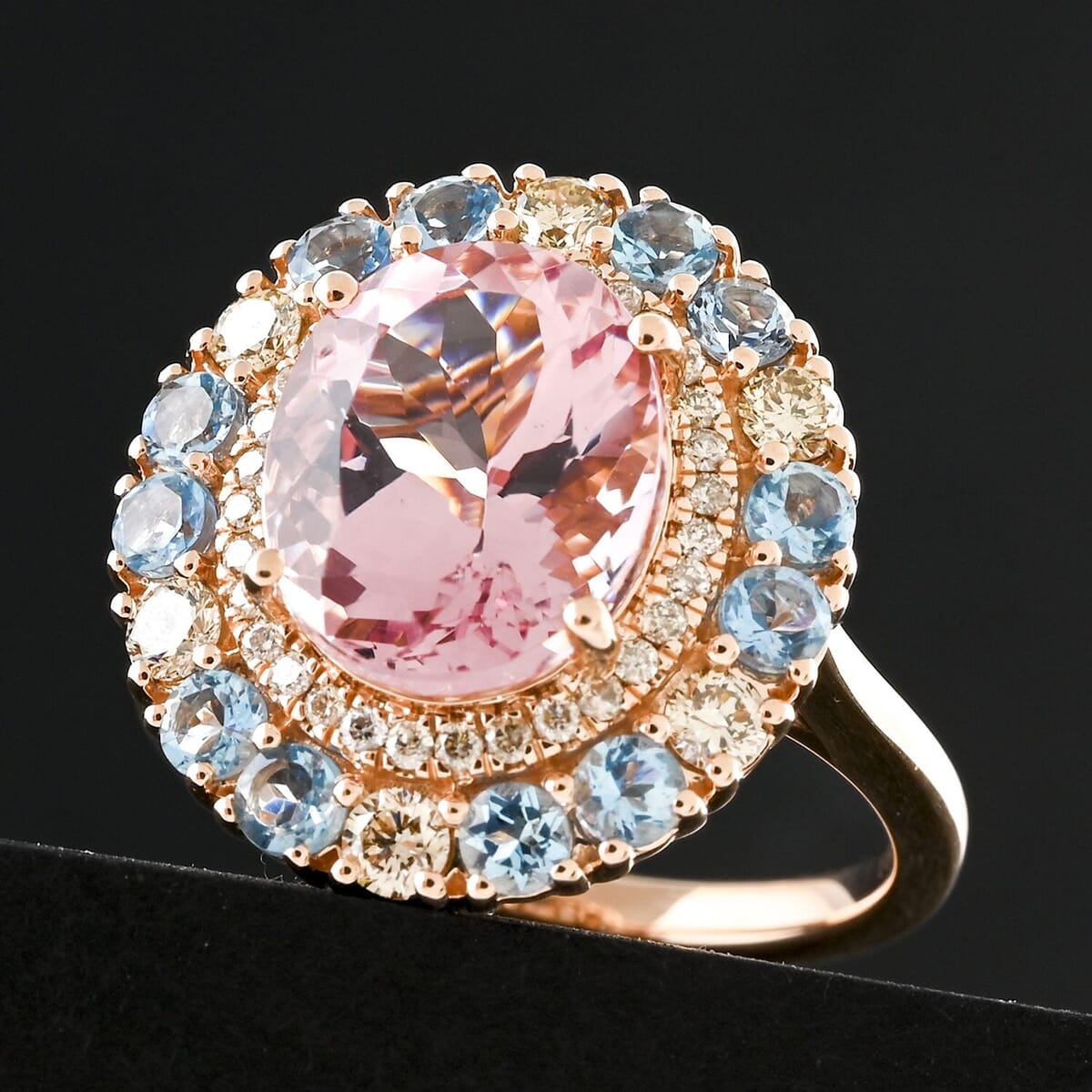 Doorbuster Certified & Appraised Luxoro AAA Pink Morganite, Santa Maria Aquamarine, I2 Diamond 4.85 ctw Double Halo Ring in 10K Rose Gold (Size 10.0)  image number 1