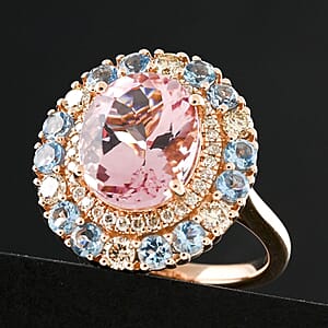 Certified & Appraised Luxoro 10K Rose Gold AAA Pink Morganite, Santa Maria Aquamarine, Diamond (I2) (0.49 cts) Double Halo Ring (Size 5.0) 4.85 ctw