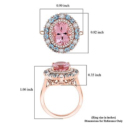 Certified & Appraised Luxoro 10K Rose Gold AAA Pink Morganite, Santa Maria Aquamarine, Diamond (I2) (0.49 cts) Double Halo Ring (Size 5.0) 4.85 ctw