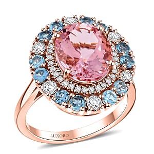 Certified & Appraised Luxoro 10K Rose Gold AAA Pink Morganite, Santa Maria Aquamarine, Diamond (I2) (0.49 cts) Double Halo Ring (Size 5.5) 4.85 ctw