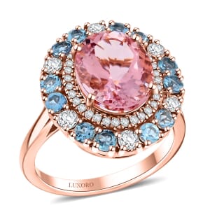 Doorbuster Certified & Appraised Luxoro AAA Pink Morganite, Santa Maria Aquamarine, I2 Diamond 4.85 ctw Double Halo Ring in 10K Rose Gold (Size 6.0) 