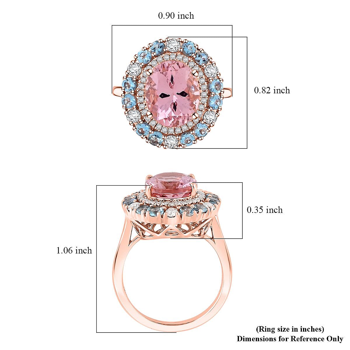 Luxoro  10K Rose Gold  AAA   Pink Morganite ,  Santamaria Aquamarine ,  White Diamond  I2 Ring 4.85 ctw ,  Gold Wt. 5.54 g image number 4