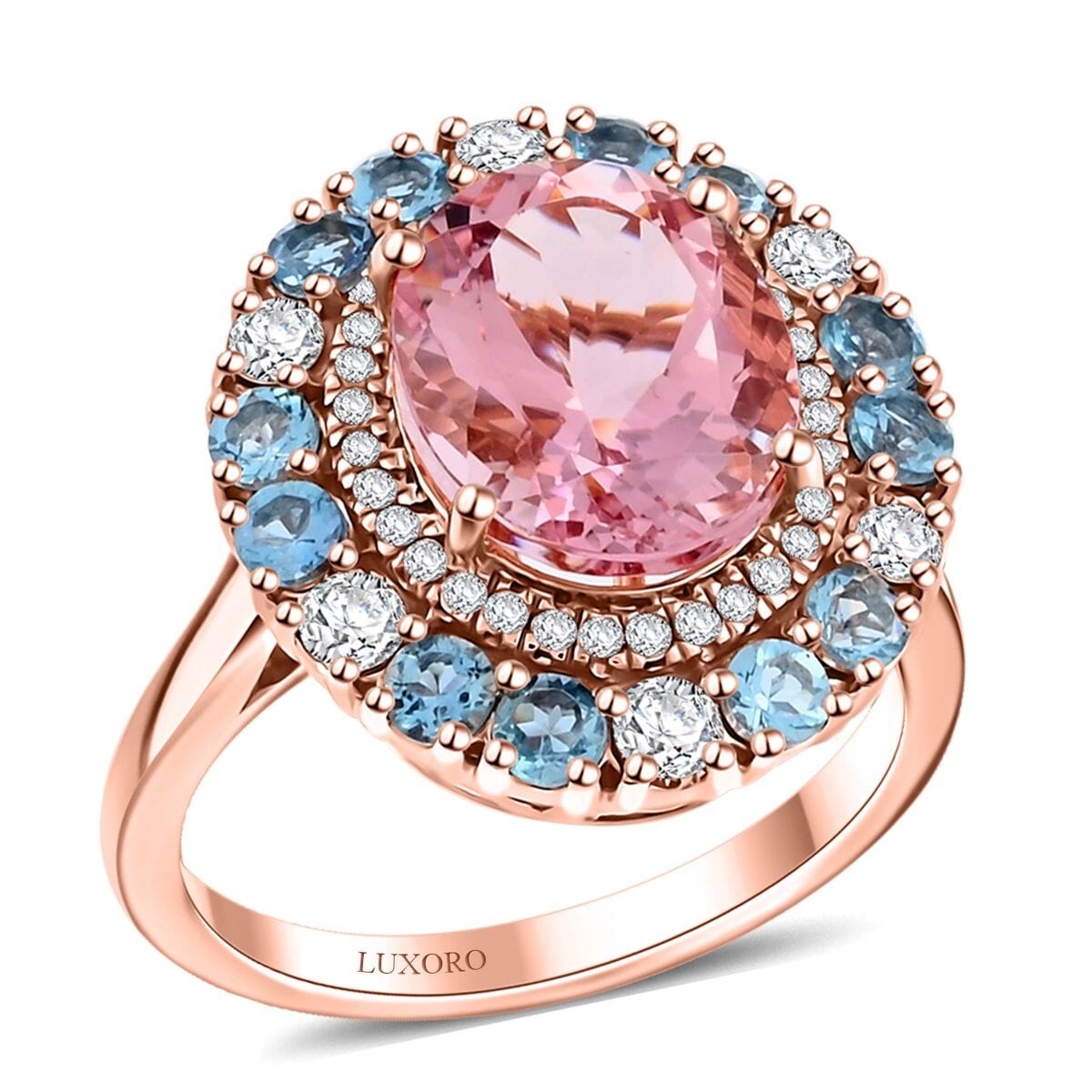 Doorbuster Certified & Appraised Luxoro AAA Pink Morganite, Santa Maria Aquamarine, I2 Diamond 4.85 ctw Double Halo Ring in 10K Rose Gold (Size 7.0)  image number 0