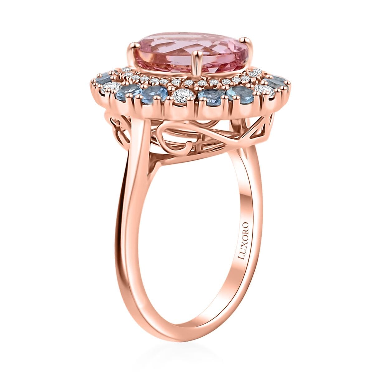 Doorbuster Certified & Appraised Luxoro AAA Pink Morganite, Santa Maria Aquamarine, I2 Diamond 4.85 ctw Double Halo Ring in 10K Rose Gold (Size 7.0)  image number 3
