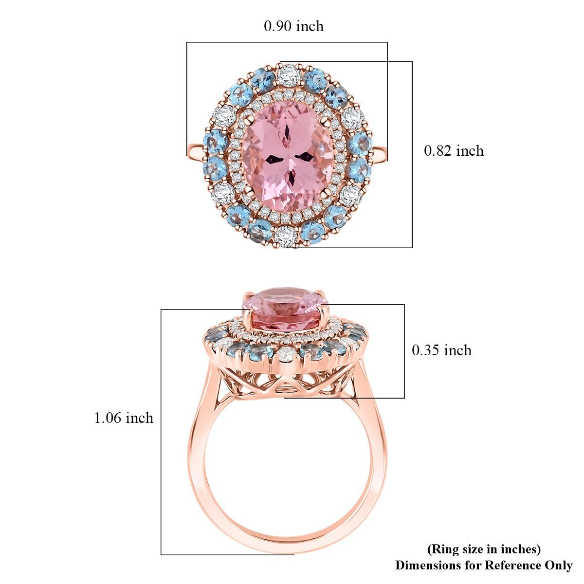Doorbuster Certified & Appraised Luxoro AAA Pink Morganite, Santa Maria Aquamarine, I2 Diamond 4.85 ctw Double Halo Ring in 10K Rose Gold (Size 7.0)  image number 4