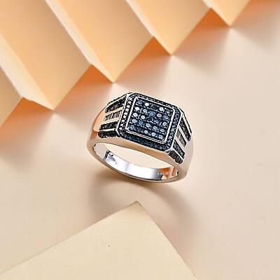 Blue Diamond 1.00 ctw Men's Ring in Rhodium Over Sterling Silver (Size 10.0)