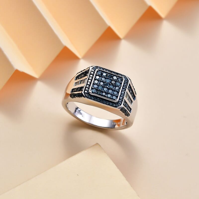 Blue Diamond 1.00 ctw Men's Ring in Rhodium Over Sterling Silver (Size 10.0)