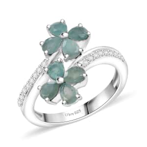 Grandidierite and White Zircon 1.50 ctw Bypass Floral Ring in Rhodium Over Sterling Silver (Size 10.0)