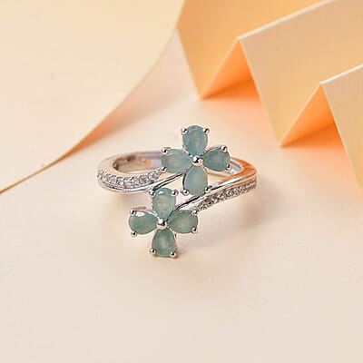 Grandidierite and White Zircon 1.50 ctw Bypass Floral Ring in Rhodium Over Sterling Silver (Size 10.0)