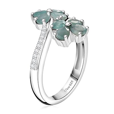 Grandidierite and White Zircon 1.50 ctw Bypass Floral Ring in Rhodium Over Sterling Silver (Size 10.0)