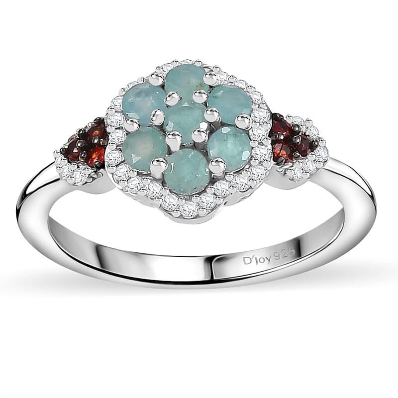 Grandidierite, Brown and White Zircon 0.90 ctw Ocean Blossom Ring in Rhodium Over Sterling Silver (Size 10.0)