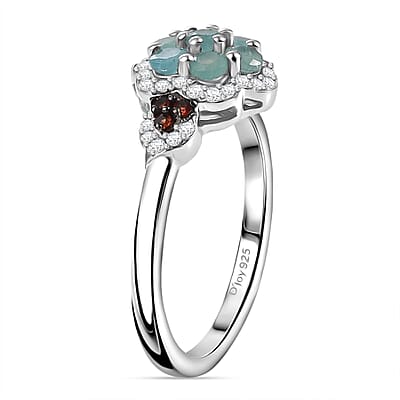 Grandidierite, Brown and White Zircon 0.90 ctw Ocean Blossom Ring in Rhodium Over Sterling Silver (Size 10.0)