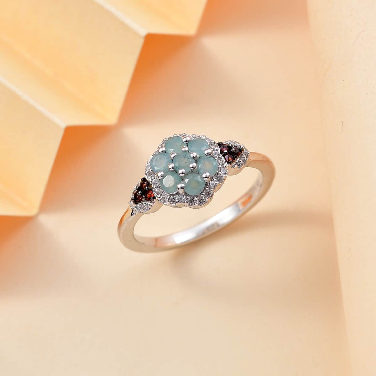 Grandidierite, Brown and White Zircon 0.90 ctw Ocean Blossom Ring in Rhodium Over Sterling Silver (Size 7.0) image number 1