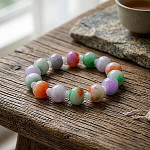 Multi Color Jade 300.00 ctw Carved Beaded Stretch Bracelet (6.5-7In)