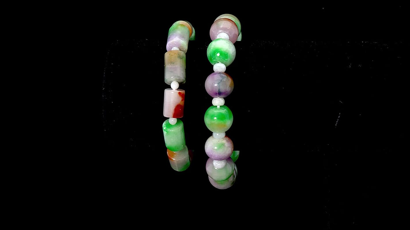 Multi Color Jade 300.00 ctw Carved Beaded Stretch Bracelet (6.5-7In)