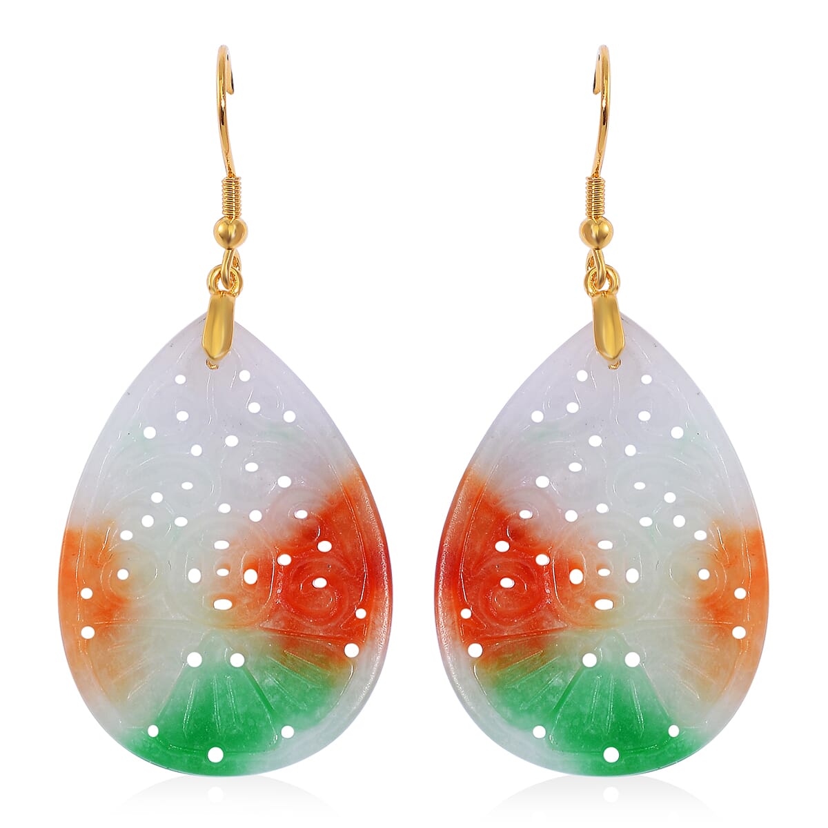 Multi Color Jade (D) Carved 40.00 ctw Drop Earrings in 14K Yellow Gold Over Sterling Silver image number 0