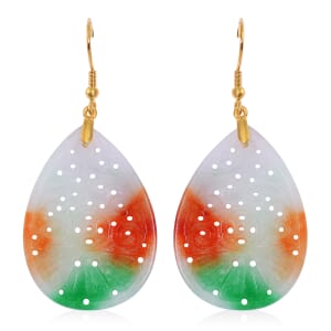 Multi Color Jade (D) Carved 40.00 ctw Drop Earrings in 14K Yellow Gold Over Sterling Silver
