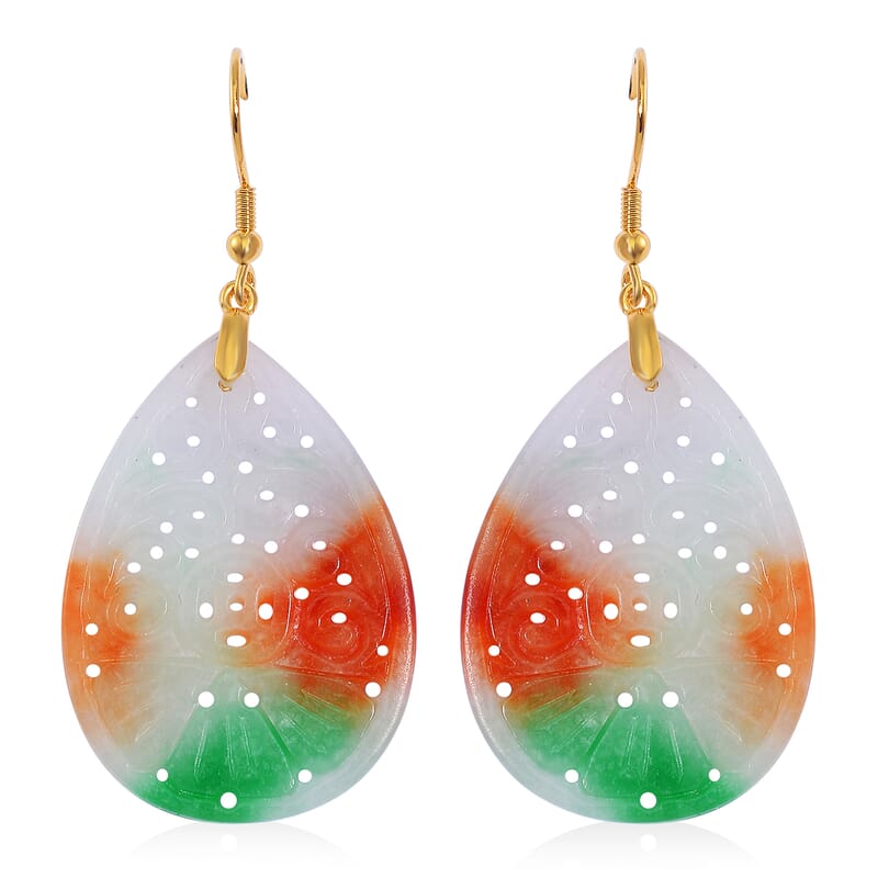 Multi Color Jade (D) Carved 40.00 ctw Drop Earrings in 14K Yellow Gold Over Sterling Silver