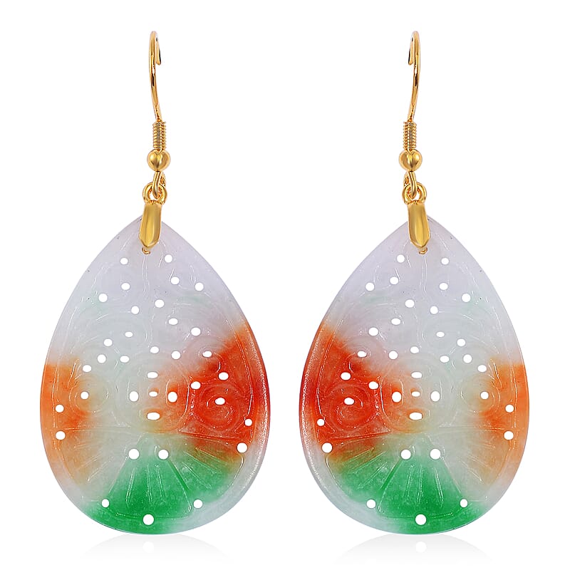Multi Color Jade (D) Carved 40.00 ctw Drop Earrings in 14K Yellow Gold Over Sterling Silver