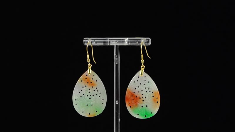 Multi Color Jade (D) Carved 40.00 ctw Drop Earrings in 14K Yellow Gold Over Sterling Silver