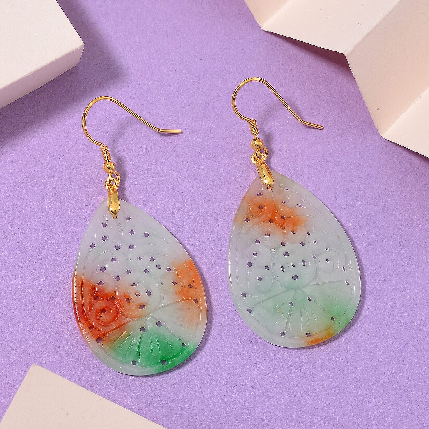 Multi Color Jade (D) Carved 40.00 ctw Drop Earrings in 14K Yellow Gold Over Sterling Silver