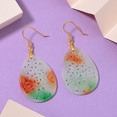 Multi Color Jade (D) Carved 40.00 ctw Drop Earrings in 14K Yellow Gold Over Sterling Silver