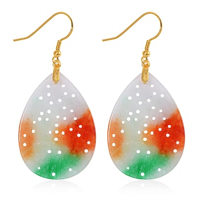 Multi Color Jade (D) Carved 40.00 ctw Drop Earrings in 14K Yellow Gold Over Sterling Silver