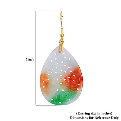 Multi Color Jade (D) Carved 40.00 ctw Drop Earrings in 14K Yellow Gold Over Sterling Silver