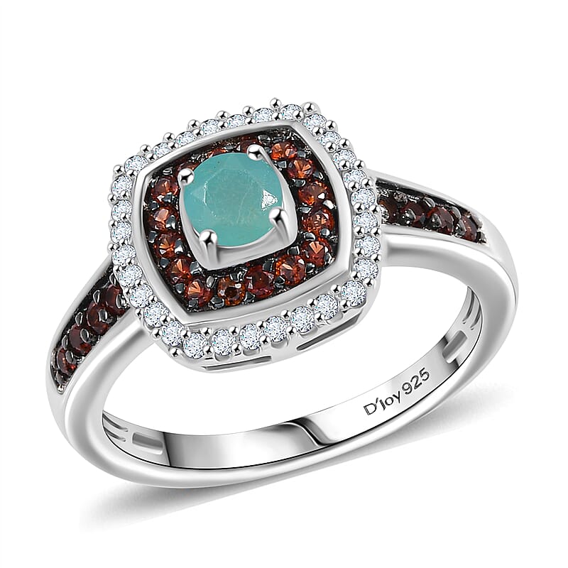 Grandidierite, Brown and White Zircon 1.00 ctw Double Halo Ring in Rhodium Over Sterling Silver (Size 10.0)