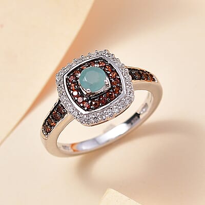 Grandidierite, Brown and White Zircon 1.00 ctw Double Halo Ring in Rhodium Over Sterling Silver (Size 10.0)