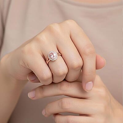 Certified & Appraised Luxoro 10K Rose Gold AAA Madagascar Pink Morganite, Diamond (G-H, I2) (0.29 cts) Split Shank Halo Ring (Size 5.0) 2.75 ctw
