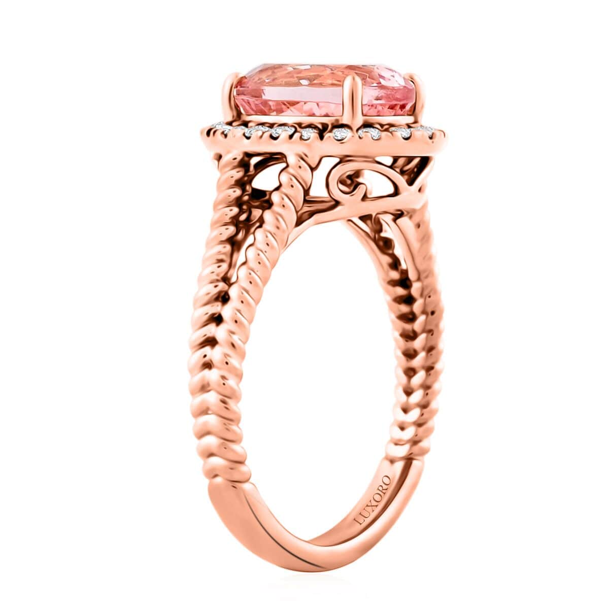 Certified & Appraised Luxoro AAA Pink Morganite and G-H I2 Diamond 2.75 ctw Split Shank Halo Ring in 10K Rose Gold (Size 6.0) image number 3