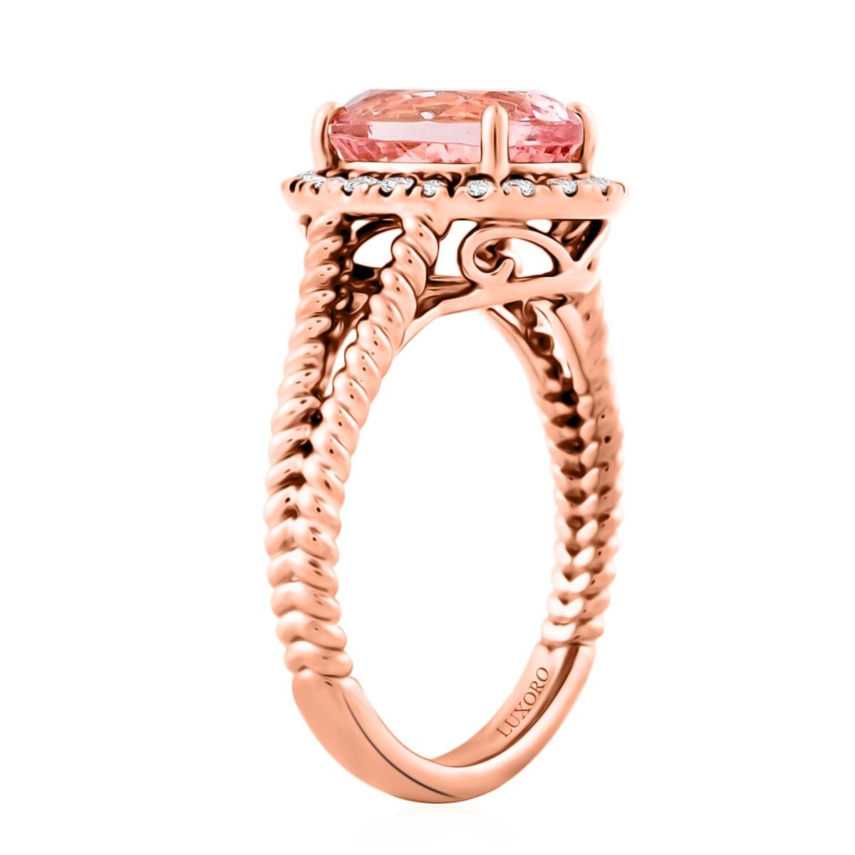 Certified & Appraised Luxoro AAA Pink Morganite and G-H I2 Diamond 2.75 ctw Split Shank Halo Ring in 10K Rose Gold (Size 7.0) image number 3