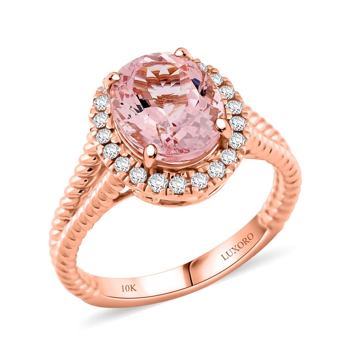 Certified & Appraised Luxoro AAA Pink Morganite and G-H I2 Diamond 2.75 ctw Split Shank Halo Ring in 10K Rose Gold (Size 8.0) image number 0